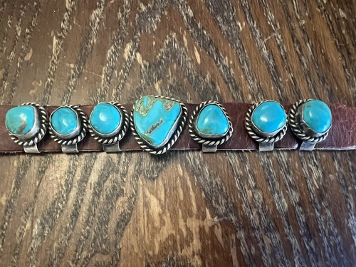 Chunky Blue Turquoise Sterling Silver Leather Slider Bracelet Nice Custom Made - Picture 5 of 14