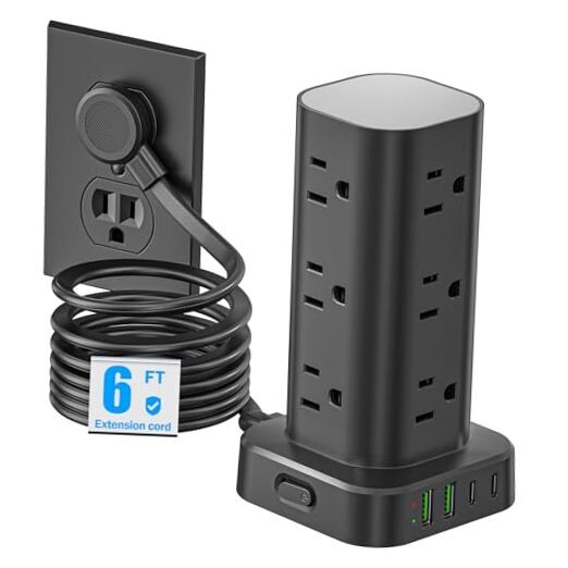 Flat Plug Power Strip Tower Surge Protector, Pluackg Flat Extension 6FT Black