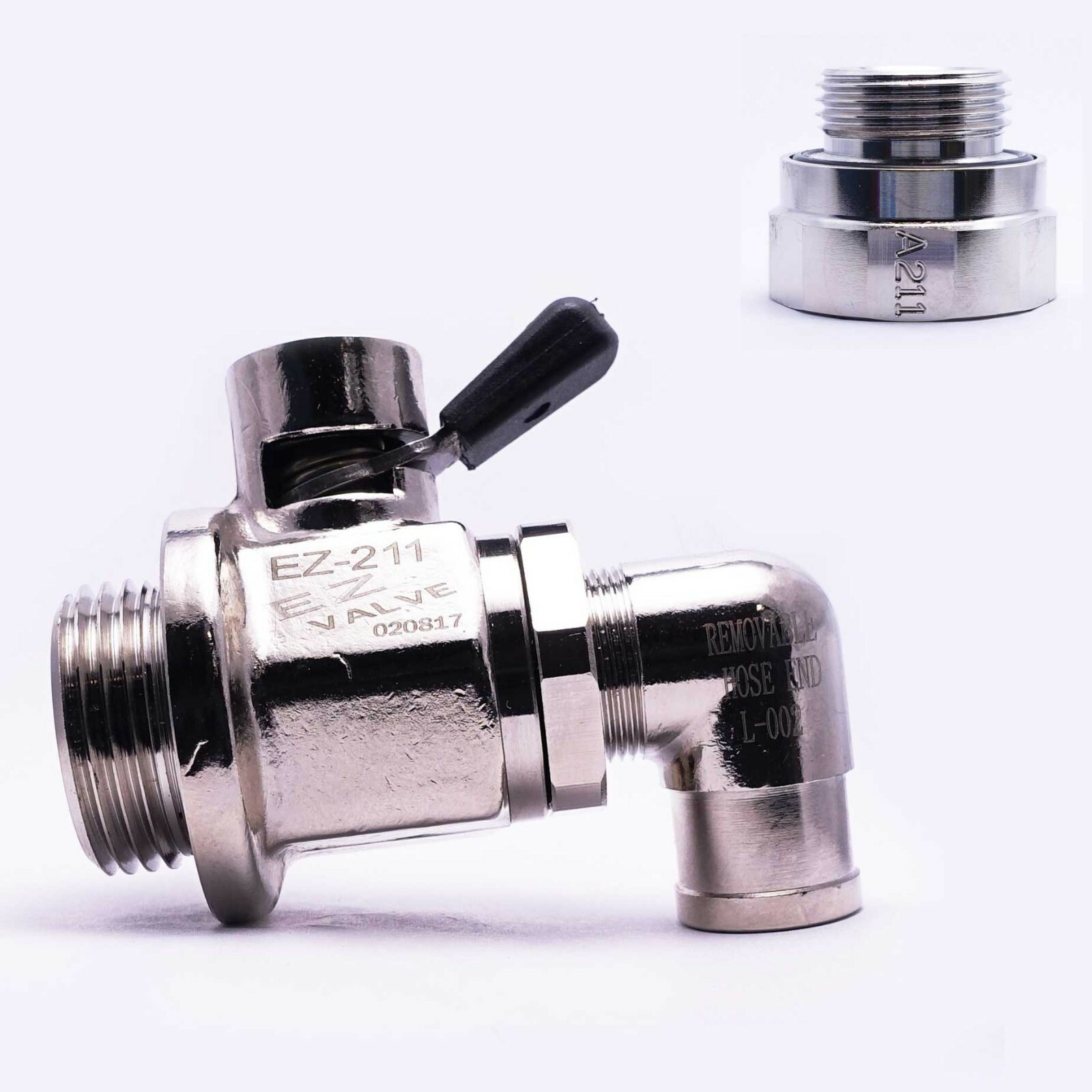 EZ Engine Oil Drain Valve EZ-211, L-Shaped Hose End L-002 & Adapter A-211 Combo
