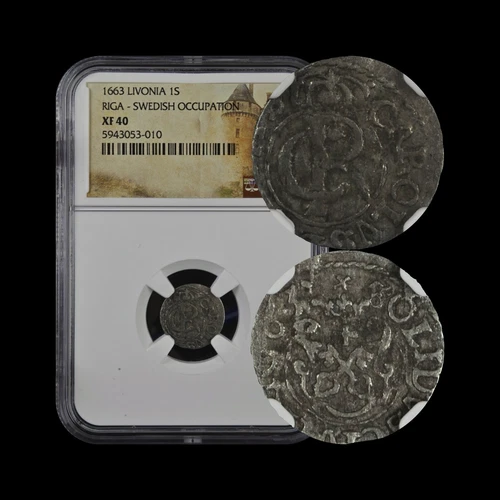 LIVONIA. 1663, 1 Solidus, Silver - NGC XF40 - Carl XI, Sweden, Riga, Griffin