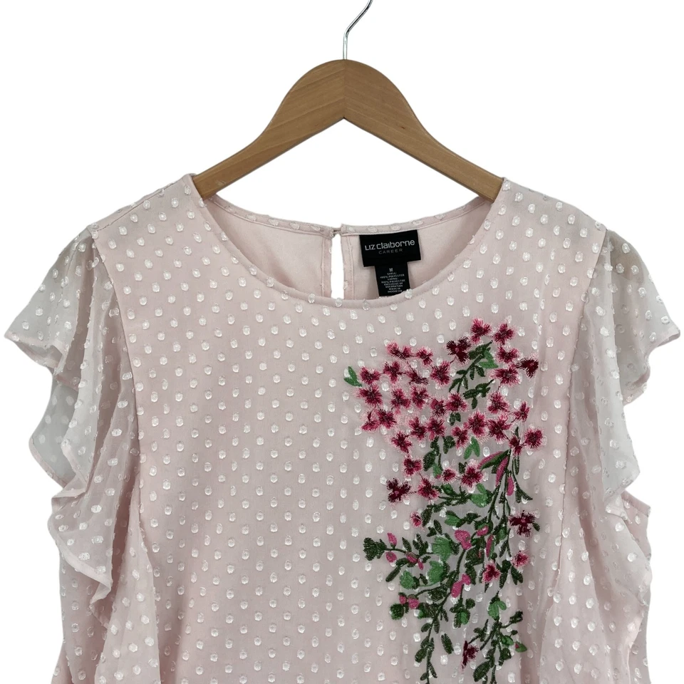 Liz Claiborne Career Blouse Top Womens Medium Pink Embroidered Polka Dot Ruffled - Image 3 of 4