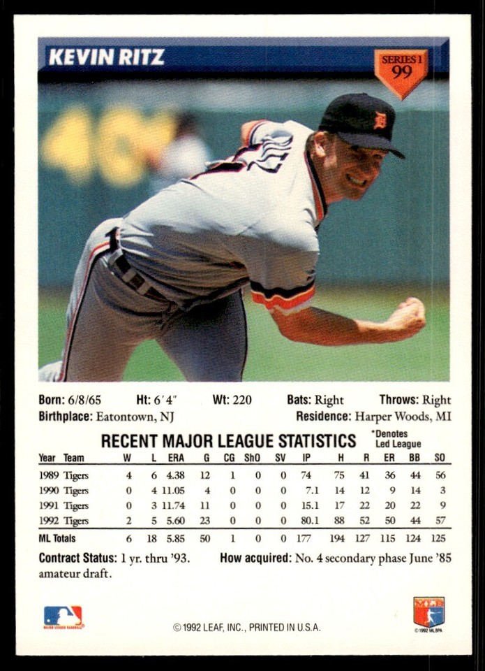 1993 Donruss Baseball Card Kevin Ritz Detroit Tigers #99 | eBay