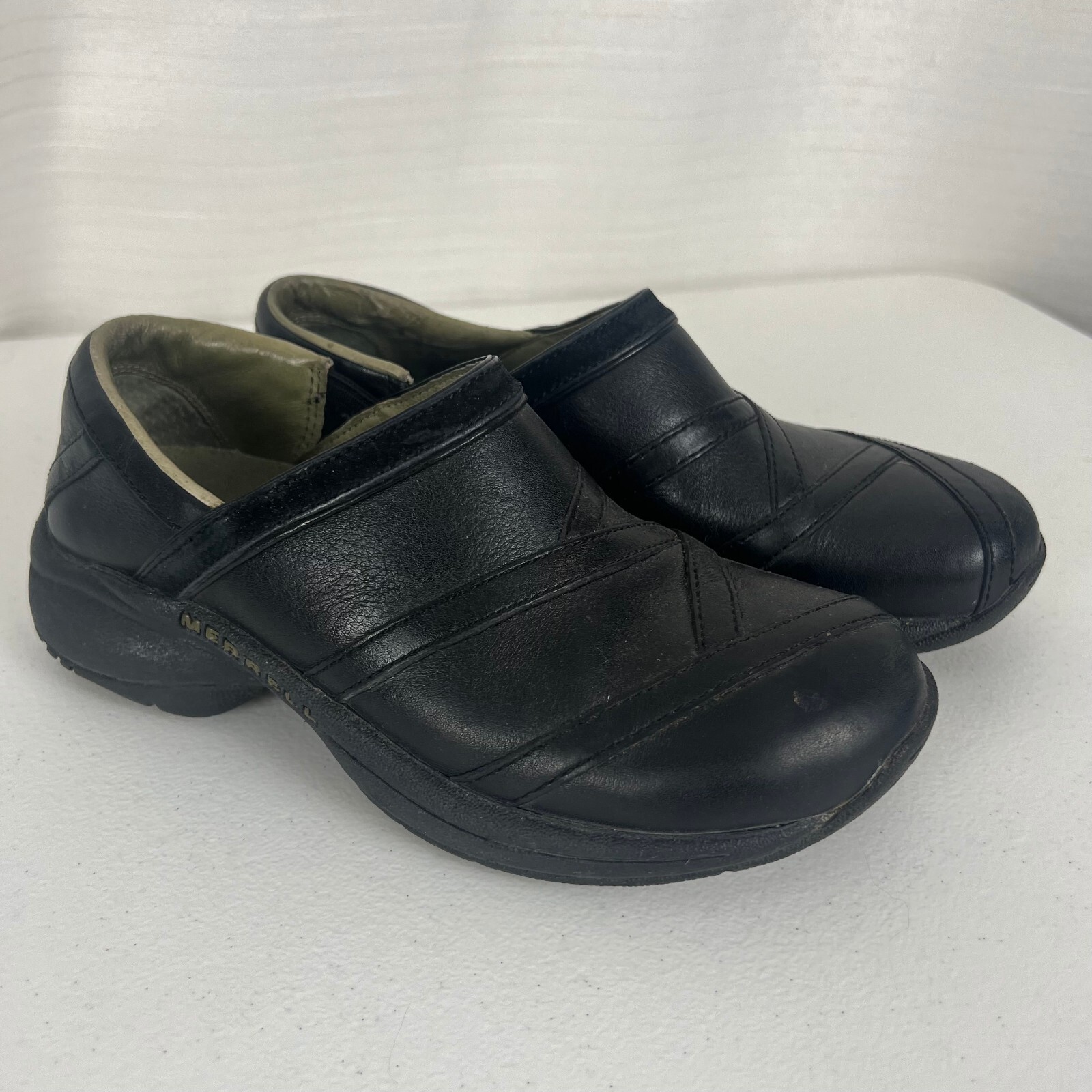 Zoccoli Merrell Primo Patch Donna 5 5 Pelle Nera Slip On Punta Tonda Casual Lavoro