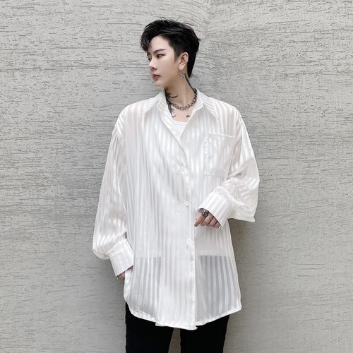 Mens Korean Fashion Mesh Stripe Lapel 