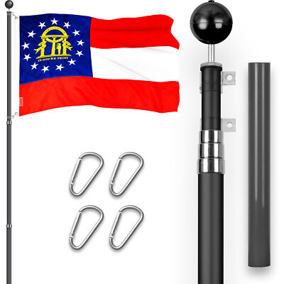 Combo: 16 Ft Telescoping Flagpole Black & Georgia GA State Flag 3x5 Ft Emb 300D