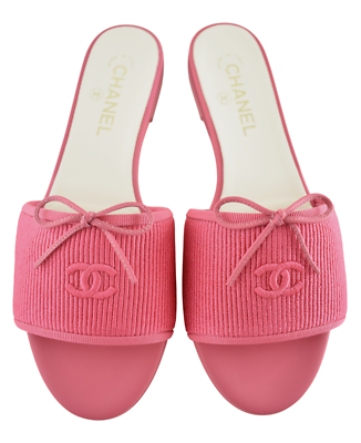 Chanel 24P Dark Pink Embroidered CC Logo Bow Tie Mule Slide Flat