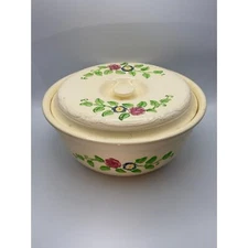 VTG Homer Laughlin Oven Serve 9" Lidded Casserole Embossed Color Painted Flowers
