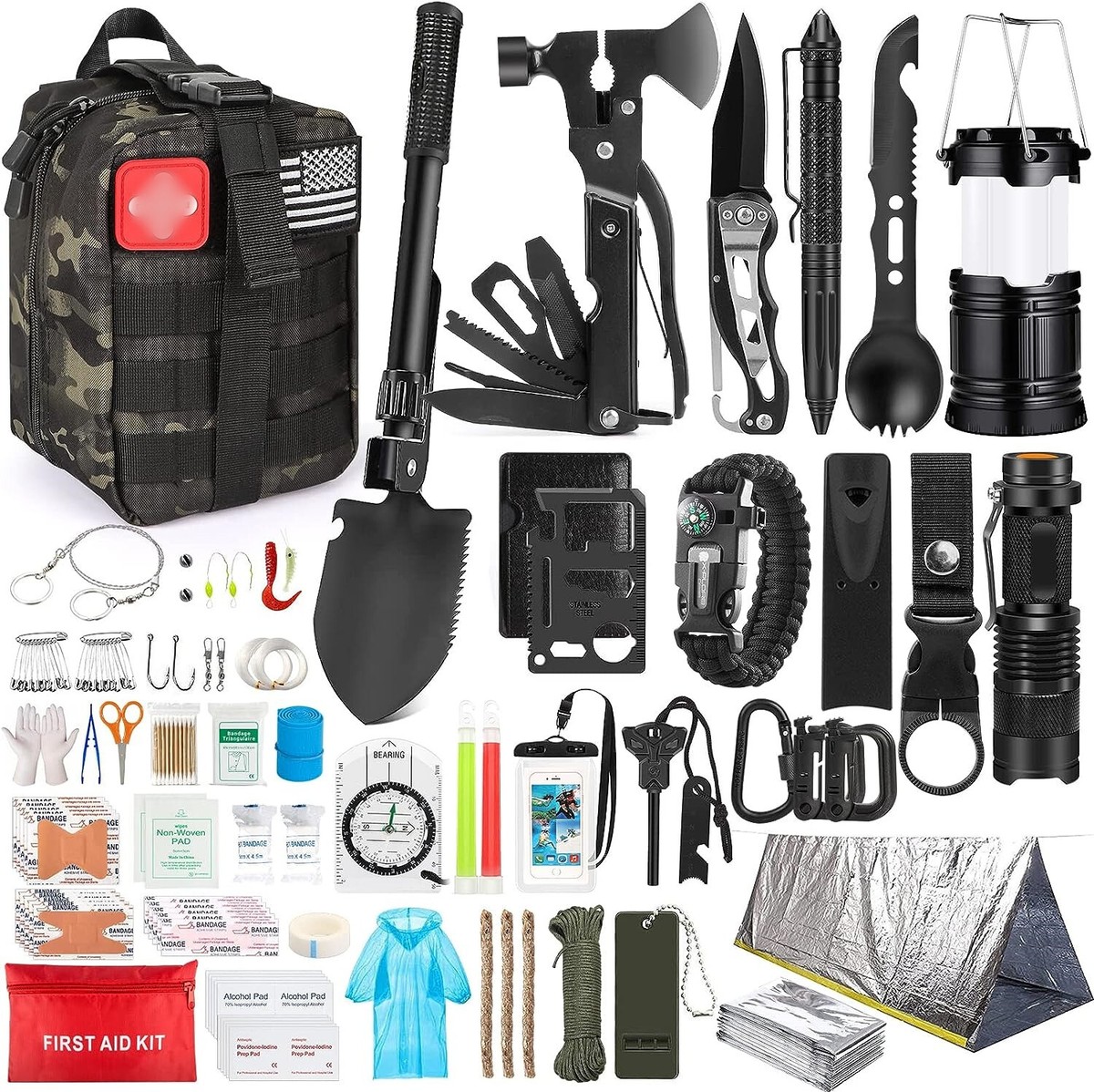 Camo Black Gray,Outdoor Survival Kit,Travel Gear First Aid with