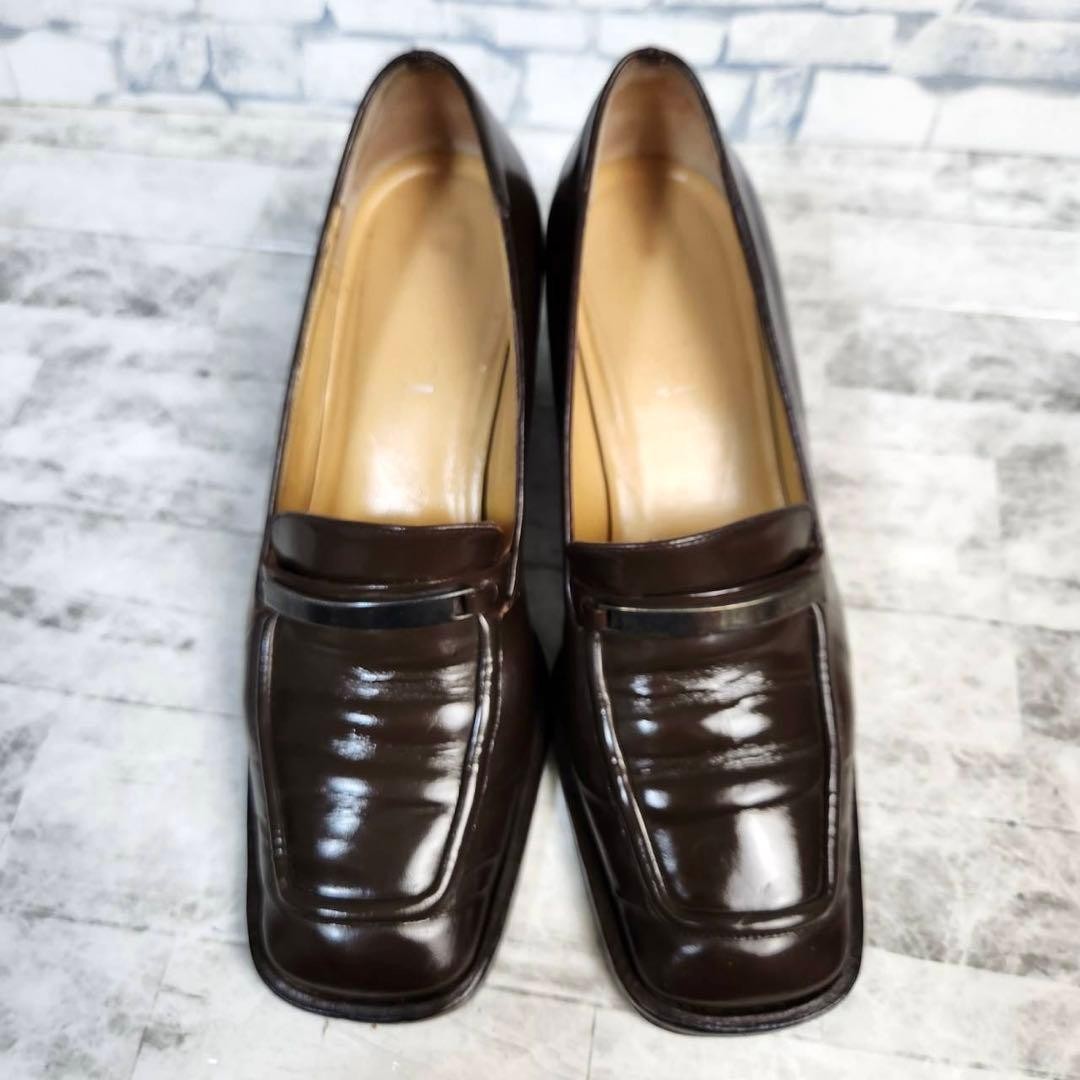 Auth Gucci Square toe Loafer Pumps Leather Brown Logo Heel EU35 US5 UK2 thumbnail 5