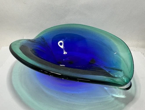 Vintage 1960's Murano Sommerso Green & Blue Art Glass Bowl Leaf Ashtray MCM