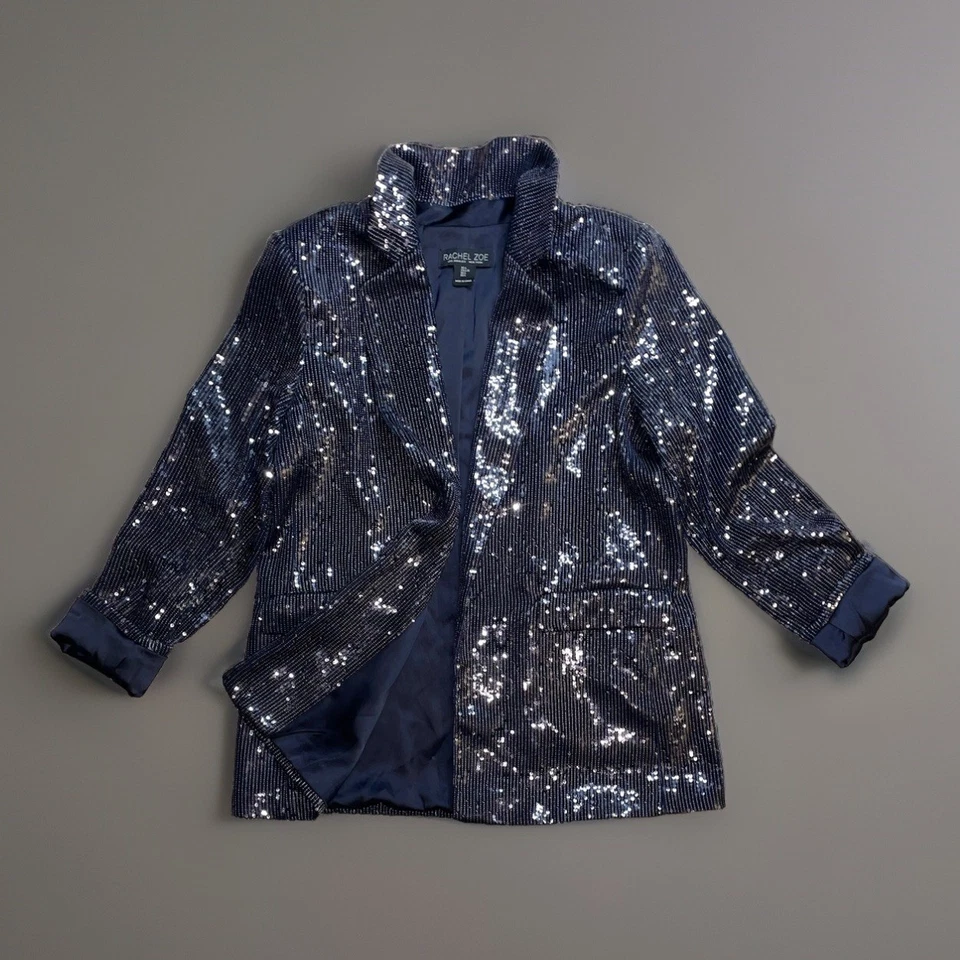 NUEVO Blazer Rachel Zoe Frente Abierto Azul Marino Lentejuelas Muesca Solapa Vacaciones Año Nuevo L $279 Foto 3 de 4