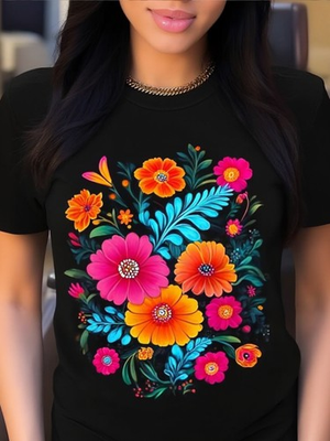 #ad Women Mexican Floral Print T Shirt Turquoise Hibiscus Casual Summer Crew Neck $7.99