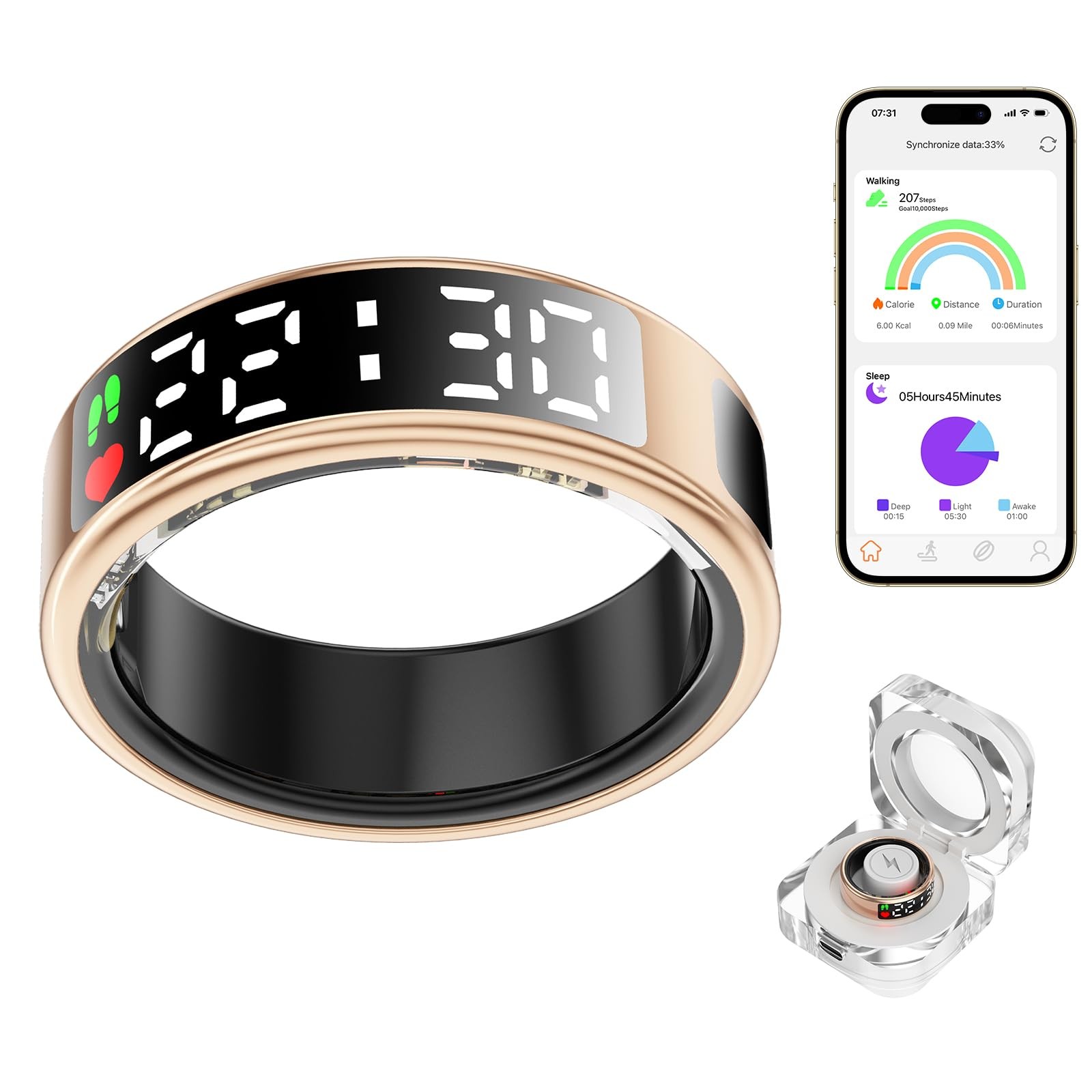 Smart Ring Health Tracker with LED Display Screen, IP68 Waterproof Fitness Tr...