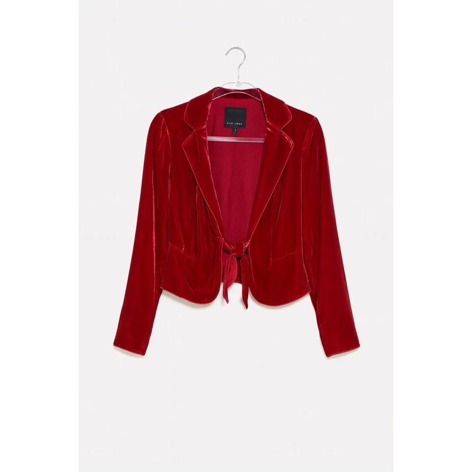 Express 夹克女式 XS 红色天鹅绒裁剪修身前领带长袖 Y2K — 第 2/4 张图片