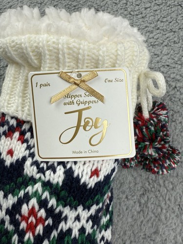 Fair Isle Damen-Hüttenschuhe Strickimitat Lammfell gefüttert mit Bommeln & Greifern - Bild 2 von 7
