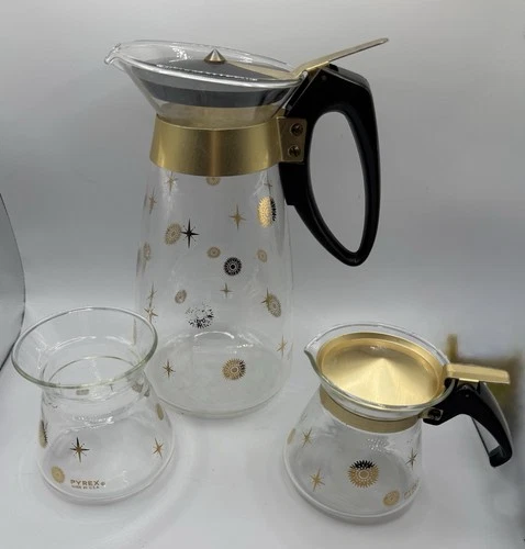Vintage Pyrex Atomic Starburst Coffee Pitcher Carafe Creamer And Sugar Set MCM