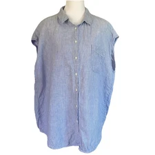 MONOPRIX femme 100% Linen Top Sz 48 (US 12?) Blue White Pinstripe Boxy Coastal