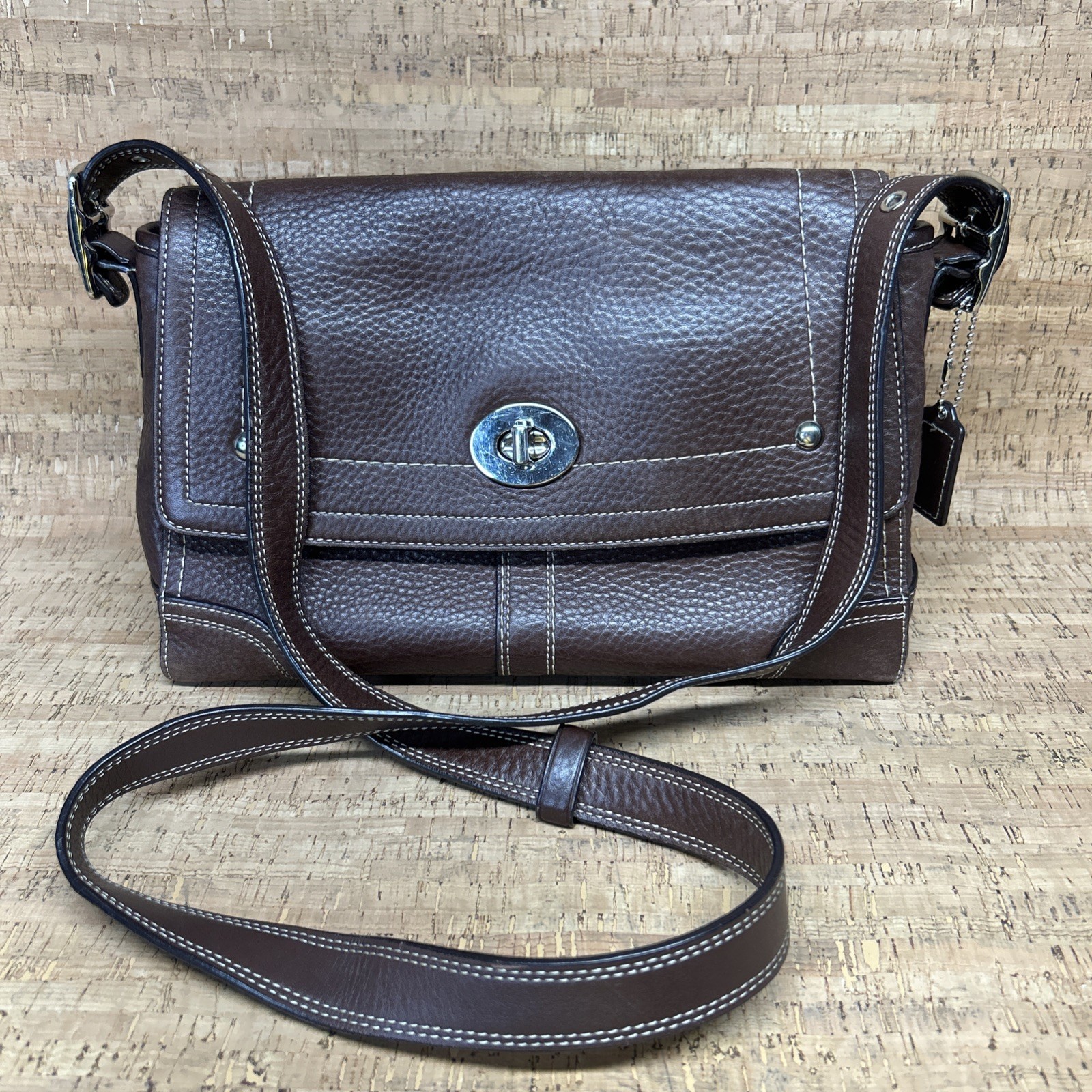 Coach F13957 Hamilton Flap Brown Pebbled Leather Crossbody Shoulder Bag