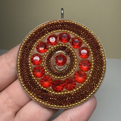Vintage Large Round Pendant With Beading Red & Gold Jewelry Making 2 1/4 