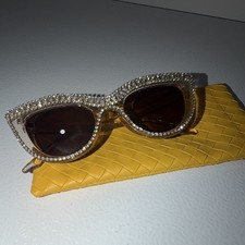 Women's Rhinestone Cat Eye Sunglasses Brown Tinted Lenses Clear Plastic Frame