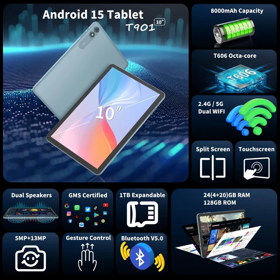 2025 Tablet, 10 inch Android 15 Tablet with Keyboard, 24GB RAM+128GB ROM(1TB ... - Image 2 of 4