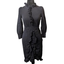 Marc By Marc Jacobs Black 100% Silk Ruffle Long Sleeve Cocktail Dress Size 0