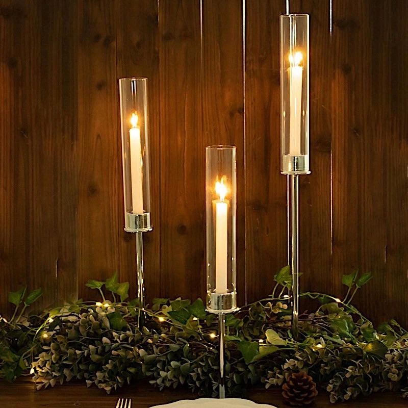 PLATA 3 Metal 16" 20" 24" Hurricane Cónico SOPORTES PARA VELAS Cilindro Transparente Vidrio Foto 4 de 4