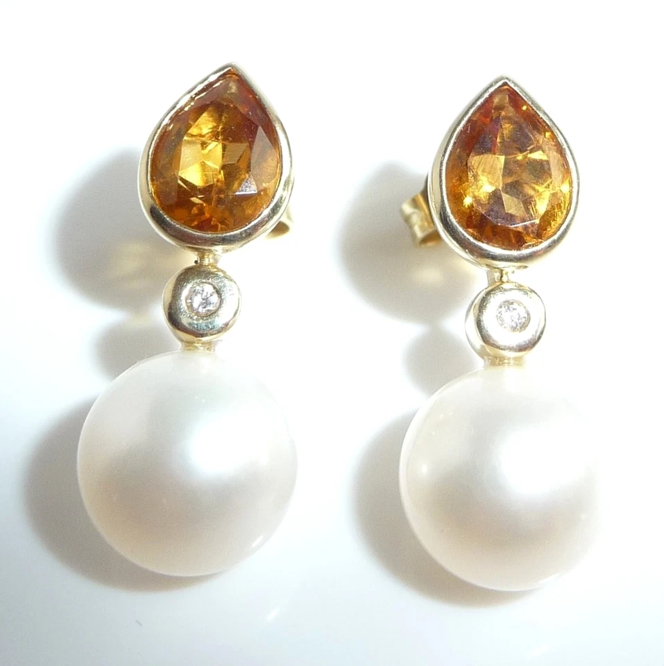 Ohrringe 585 Gelbgold  2.0ct. Citrine  Diamanten 2 Südsee-Perlen 23,5 mm 5,6gr