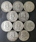 Lot of 10 50c Franklin Silver Half Dollars, Different Dates/Mintmarks