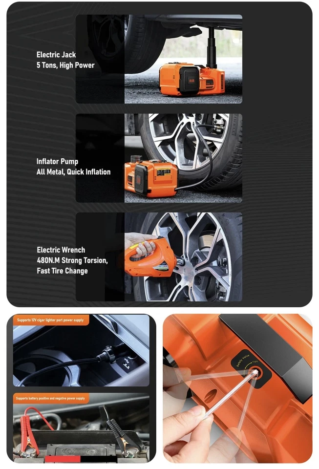 Electric Hydraulic Car Floor Jack 5 Ton 12V w/ Impact Wrench &Tire Inflator Pump - Image 4 of 4