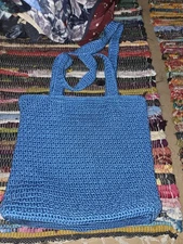 The Sak Teal Blue Crocheted Women Knit Handbag Purse Bag Double Handle