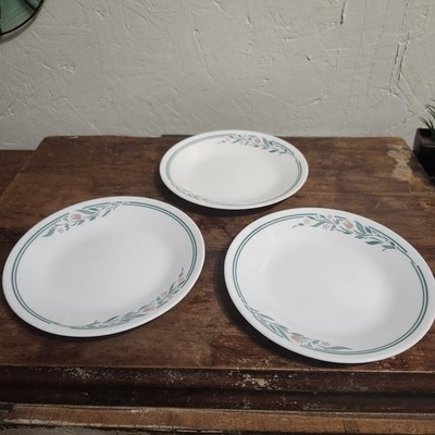 Corelle Rosemarie BREAD & BUTTER Dessert PLATES Green/Pink Tulip 6.75  Set of 3