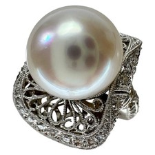 US 6 White Butterfly Pearl 13.3mm diamond 1.09ct Ring K18WG white gold 13.3g...