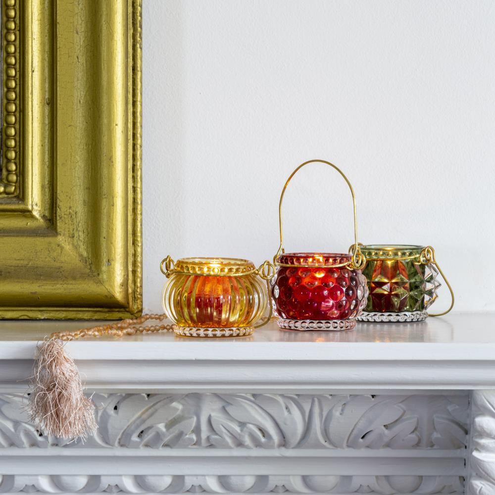 Amber Ribbed Tea Light Holder, Hanging Orange Glass Votive, Autumn