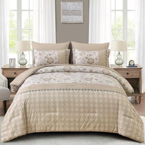 Comforter Set 7 Pieces Bed in a Bag Floral Geometric Patchwork Soft King Beige-image