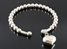 Womens Solid Sterling Silver 925 Bangle Open Cuff Heart Pendant Charm Bracelet
