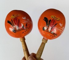 Vintage Mexican Maraca Gourd Shaker Pair Mexico Hand Painted Orange Wood Handles