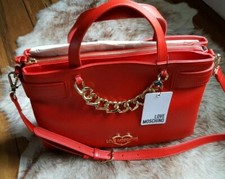 LOVE MOSCHINO - NEW W/ TAG - Satchel Shoulder Bag, Red, Heart Gold Chain, Logo