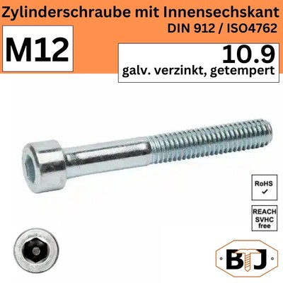 DIN 912 -10.9-M12 Zylinderschrauben mit Innensechskant galv. verzinkt, getempert