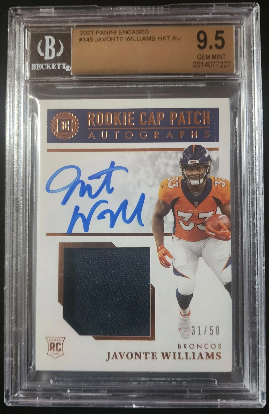 Javonte Williams Panini Encased #145 Patch Autograph