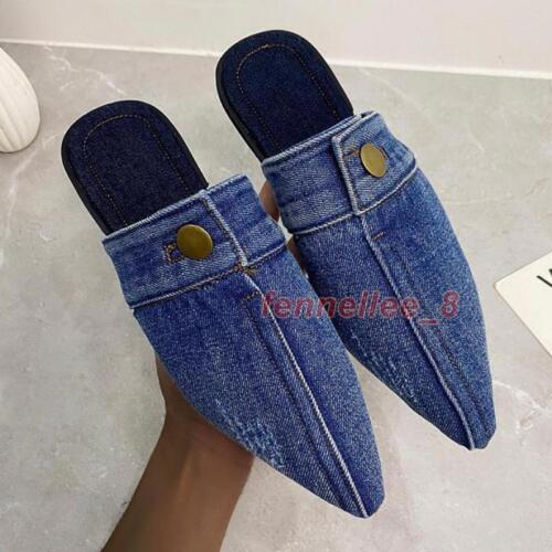 Women Blue Denim Slippers Pointed Toe Outdoor Slides Mules Slip on Flats Shoes - Picture 1 of 17
