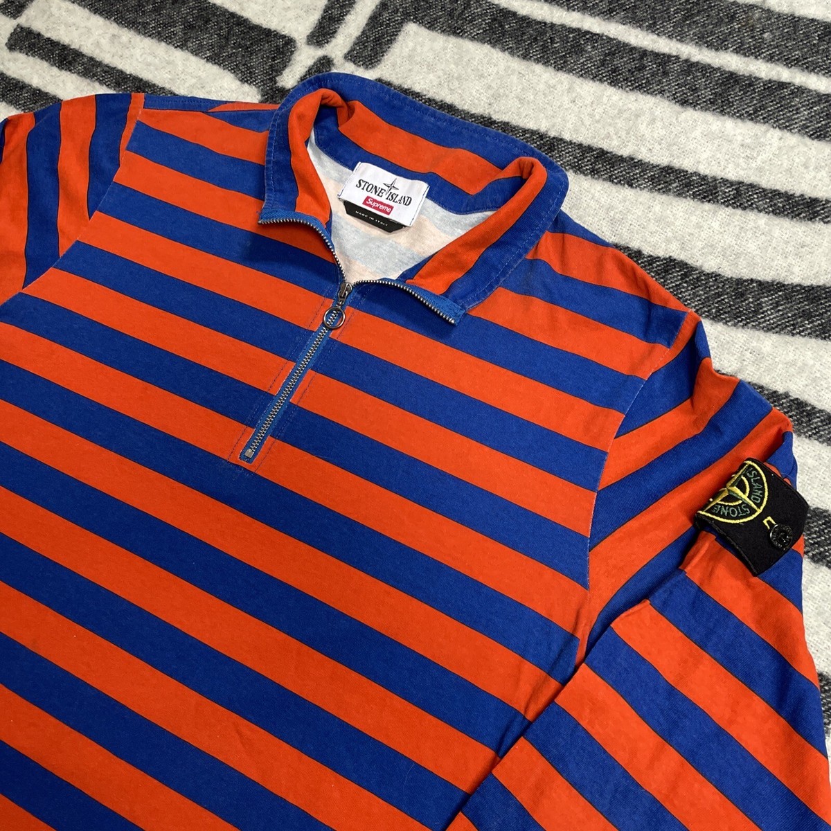 Stone Island Supreme Striped Q-zip Pull Over Orange Blue SS16 2016