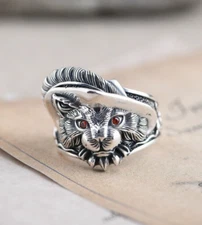 Mens Silver Plated Cute Cat Open Ring Fashion Adjustable Ring
