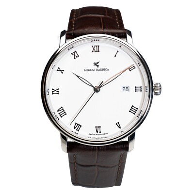 Classic Business Wristwatch Men's Silver Case White Dial 40mm Leather SwissRonda