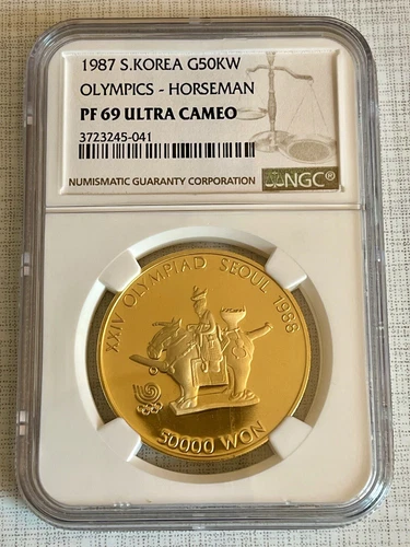 South Korea 1987 Olympics Horseman 50K Won 1 oz Gold NGC PF69 UC Sku# 4168
