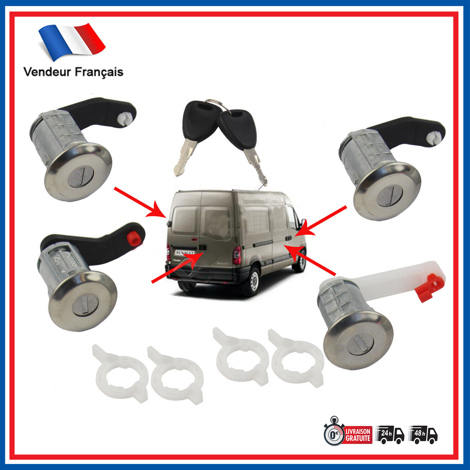 Kit serrures 4 barillets anti-blocage pour réparer les portes de Master 2 et Movano