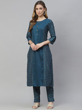 Women Teal Printed Regular Kurta with Trousers