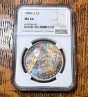 1884-O MORGAN 1$ NGC MS66 GEM EOR END OF ROLL RAINBOW TONER mikesartifacts VIDEO