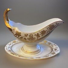 Antique Royal Crown Derby Gilt Porcelain Sauce Boat with Attached Under plate.