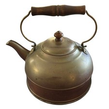 VTG Revere Ware Brass Copper Tea Pot Wood Handle Patina Collectible 7 W 8.5 H
